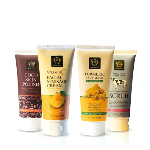 Organic Derma Secret Whitening Facial Kit 4 Steps by Loyal Body Cosmetics – brightening skincare set with milk scrub, vitamin C cream, coco skin polish, and turmeric mask, available in Pakistan