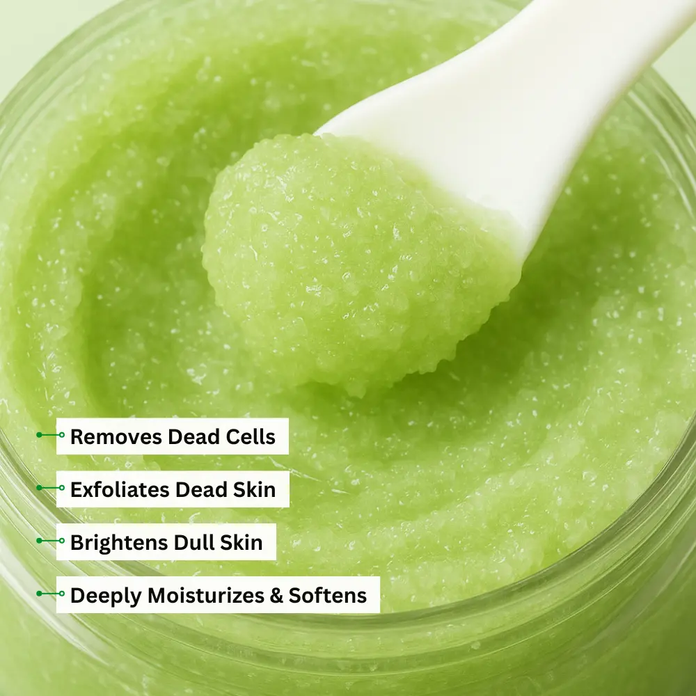 Green sugar scrub in jar showing granules and creamy texture for exfoliating, brightening, and moisturizing skin