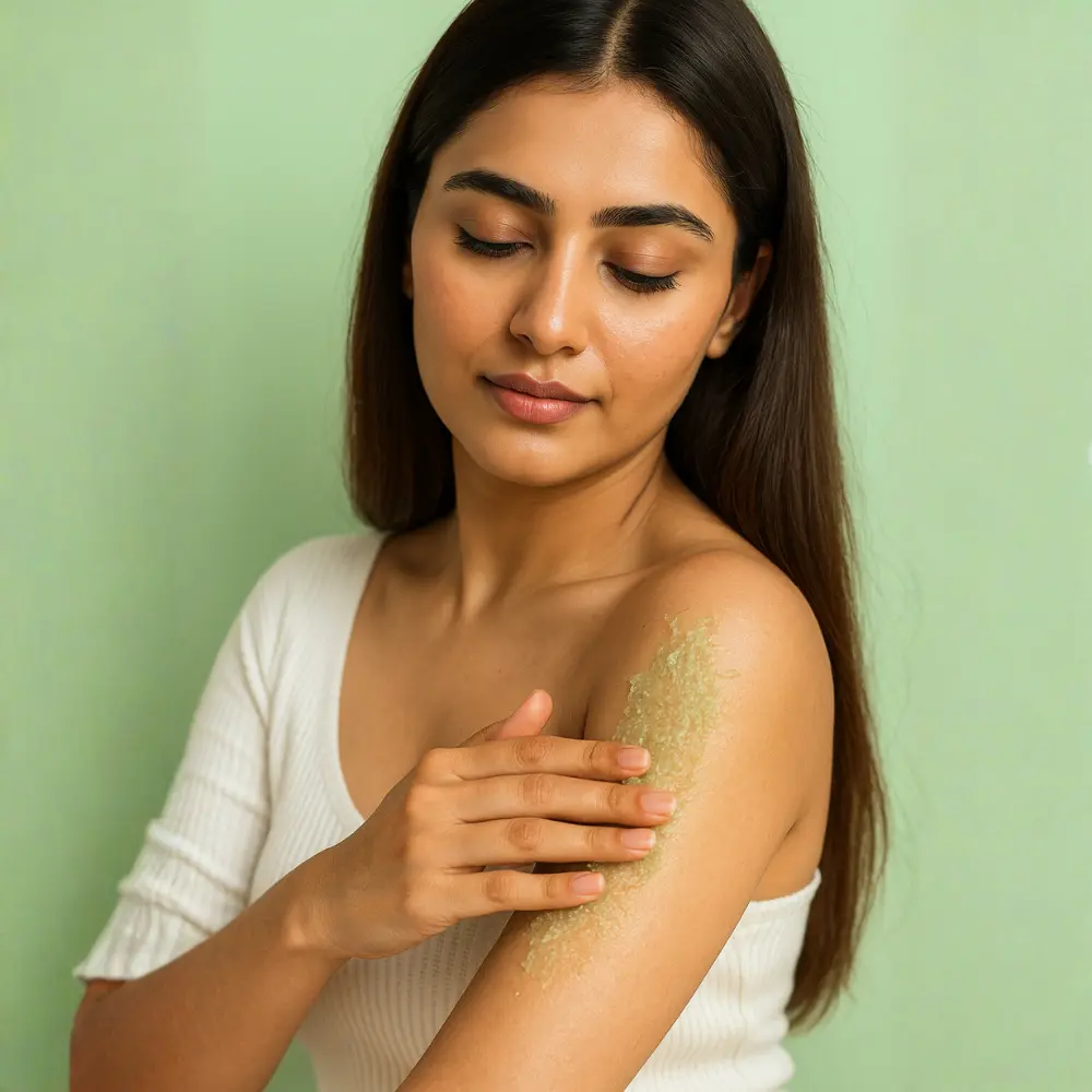 Model applying Loyal Body Natural Breast Whitening Sugar Scrub on arm for smooth, glowing, radiant skin